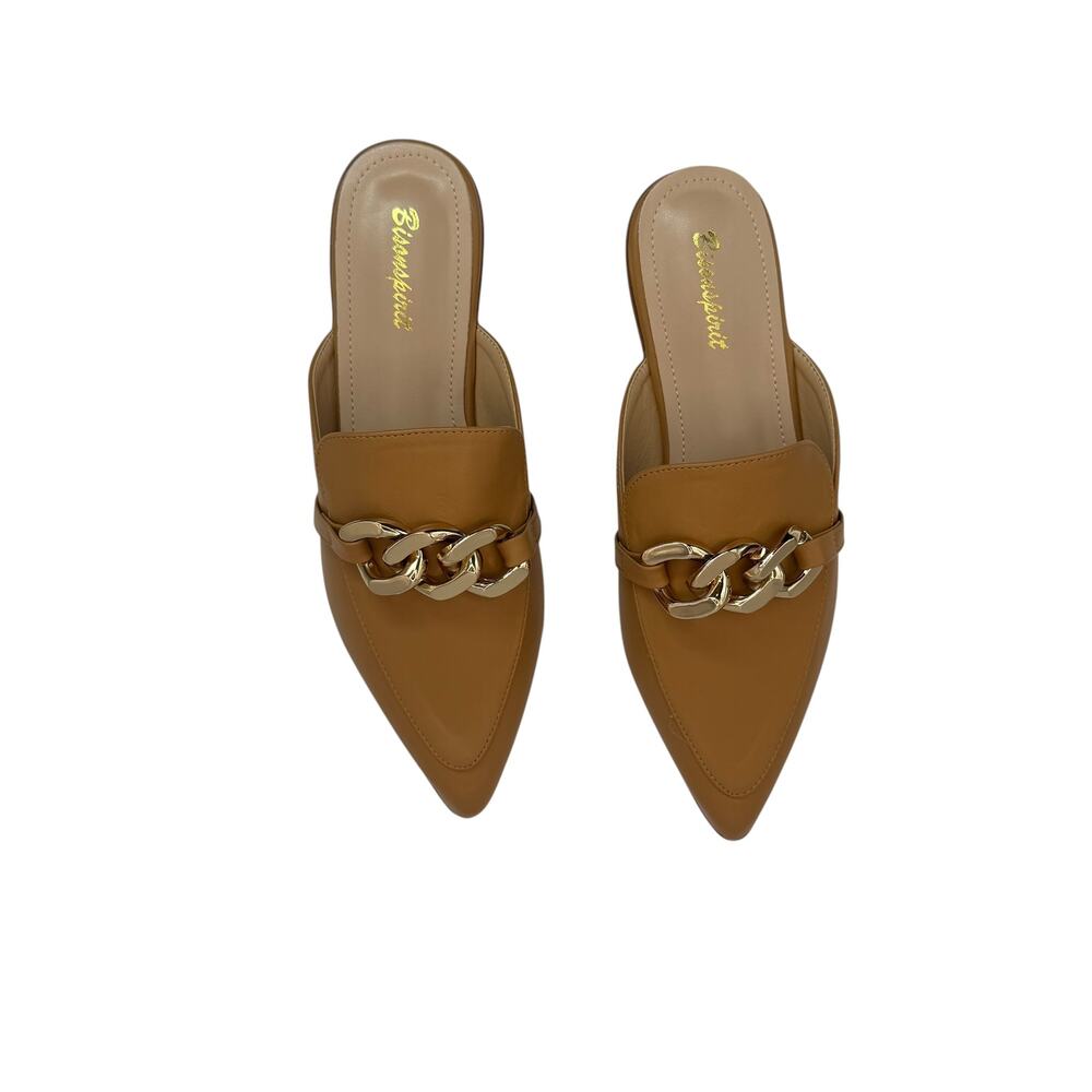 Brown Pointed Toe Mules Gold Chain Slip On Flats Size 7.5